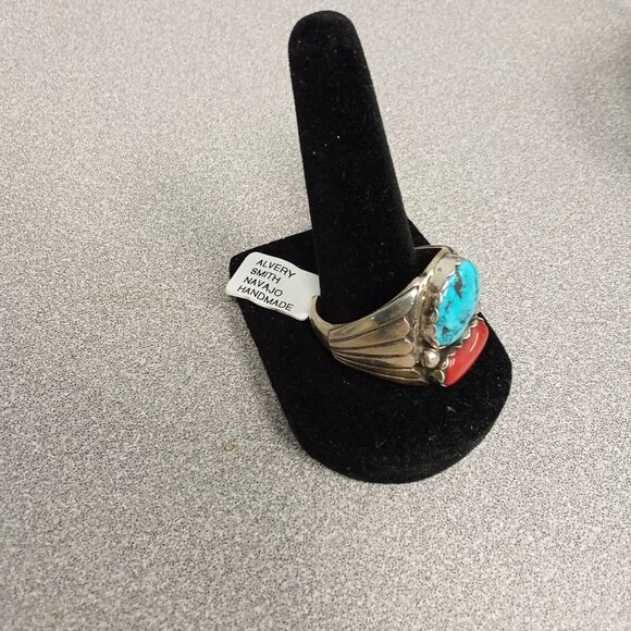 Native American Handcrafted Turquoise & Red Coral Handmade Ring Size 13.5 - Picture 2 of 7